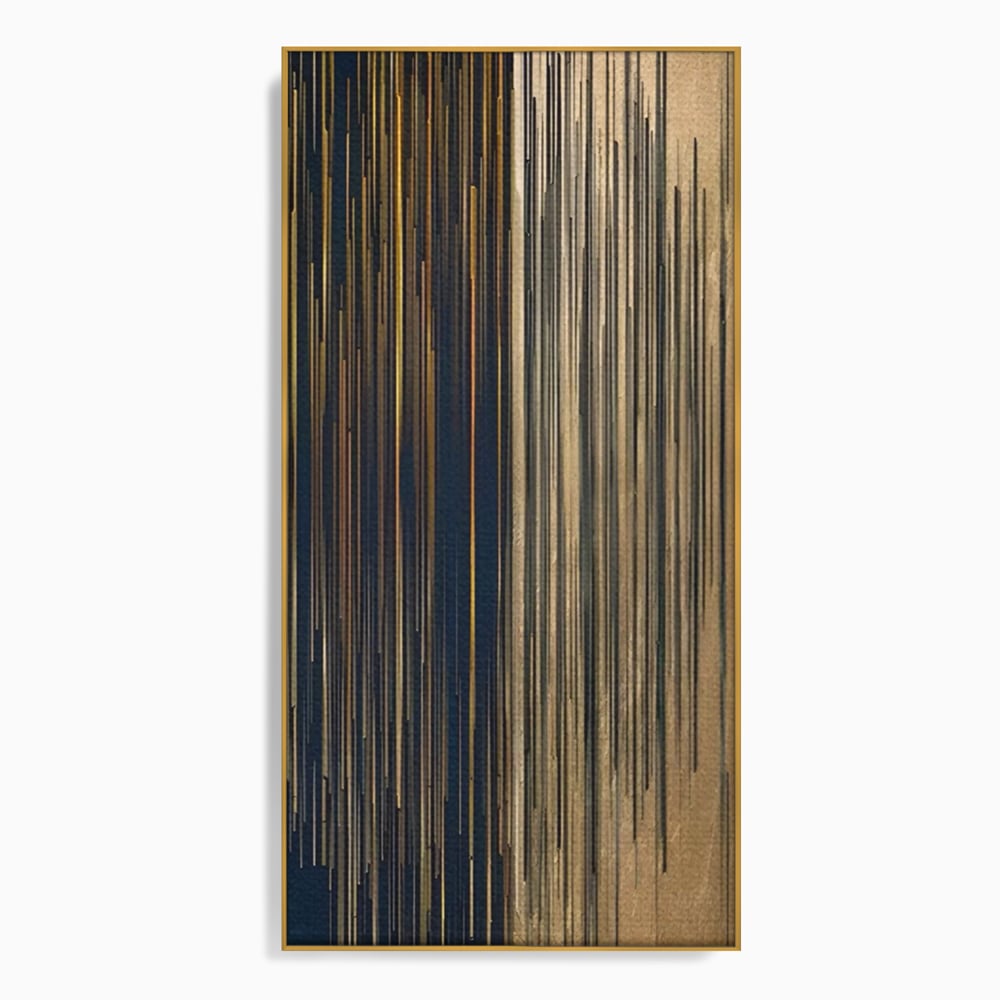 Tablou canvas cu tablou abstract cu linii verticale aurii, in rama de aluminiu auriu